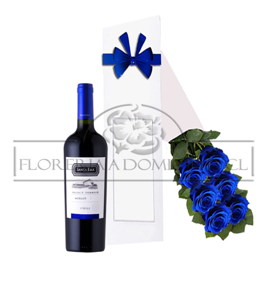 Caja de 06 Rosas Azules + Vino 375cc